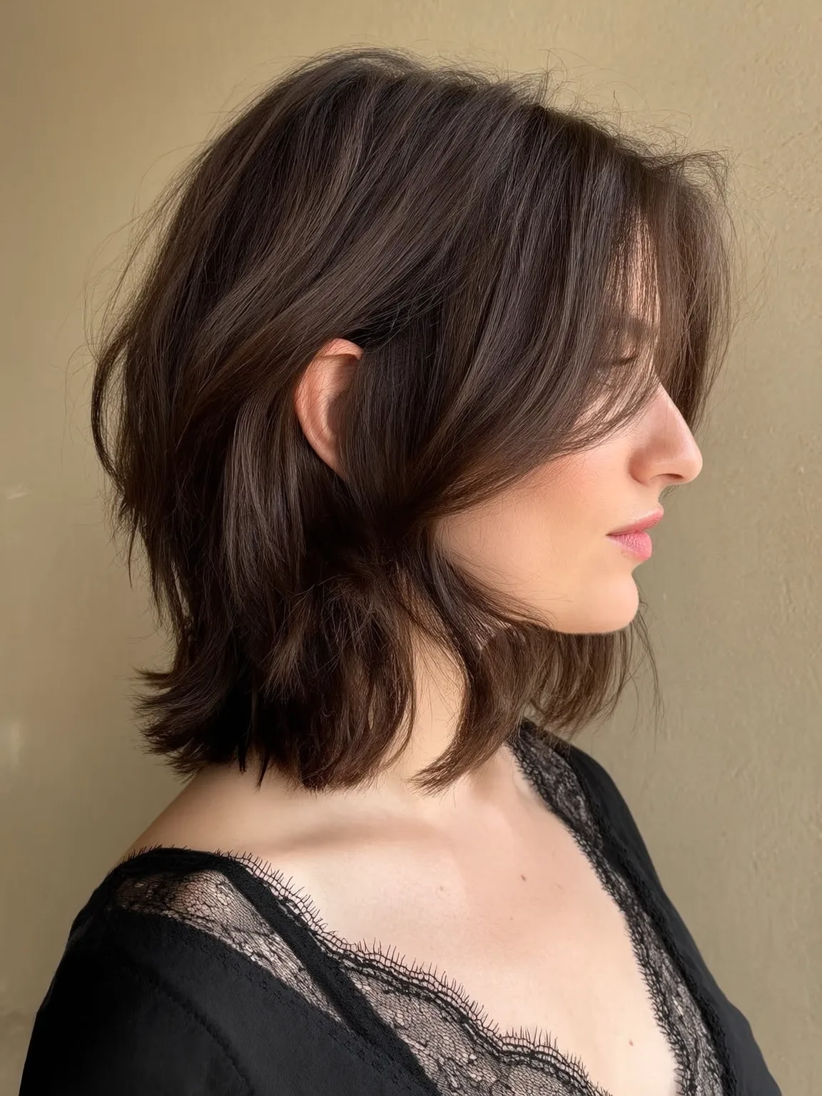 Shoulder-Length Wavy Layered Bob with Side Bangs